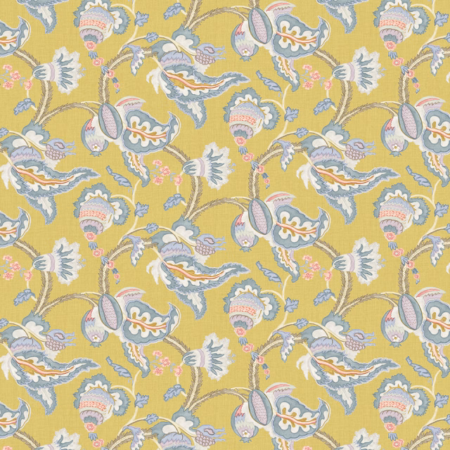 Lichen-yellow linen with blue-grey botanical paisleys, pink flowers and rust accents