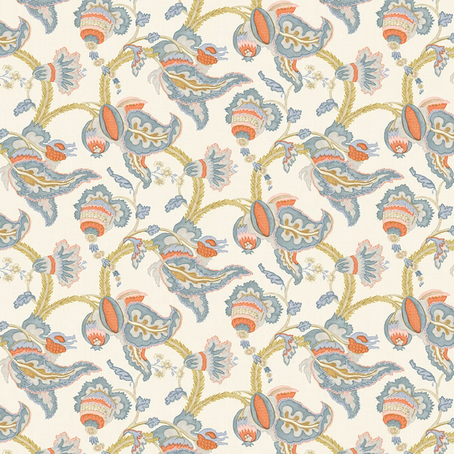 Cream-ground linen with papaya, teal, blue and olive paisley florals