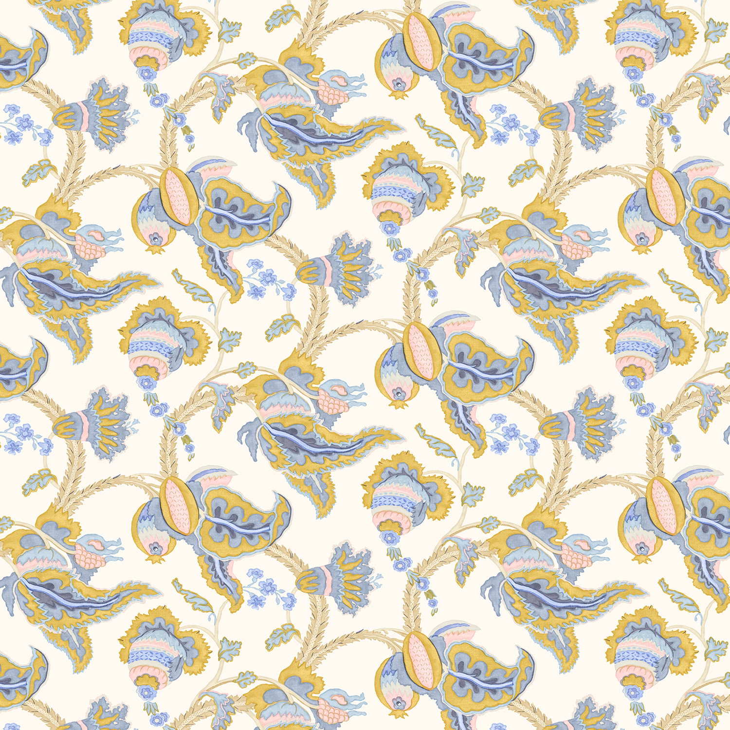 Saffron, lilac and blue paisley florals on a cream linen ground