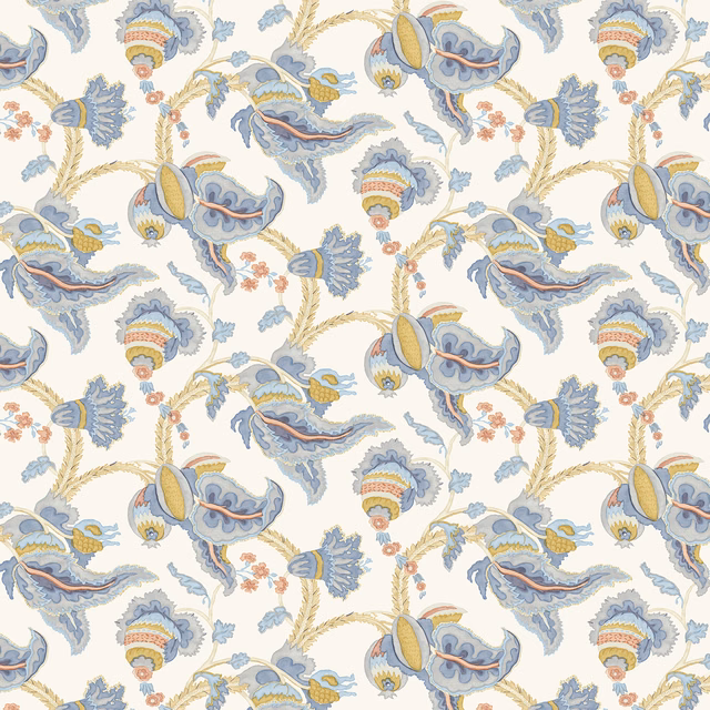 Cool blue and lilac botanical print with paisley flowers on an ivory linen ground