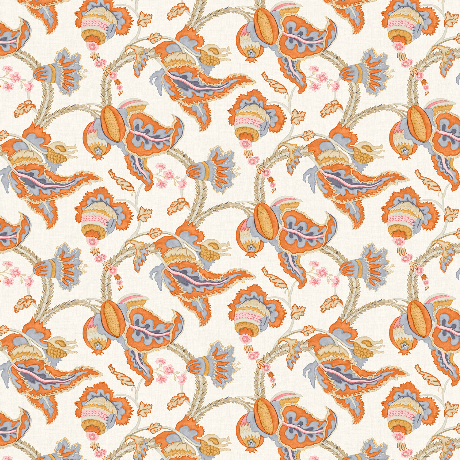 Terracotta and blue botanical paisley print on textured cream linen