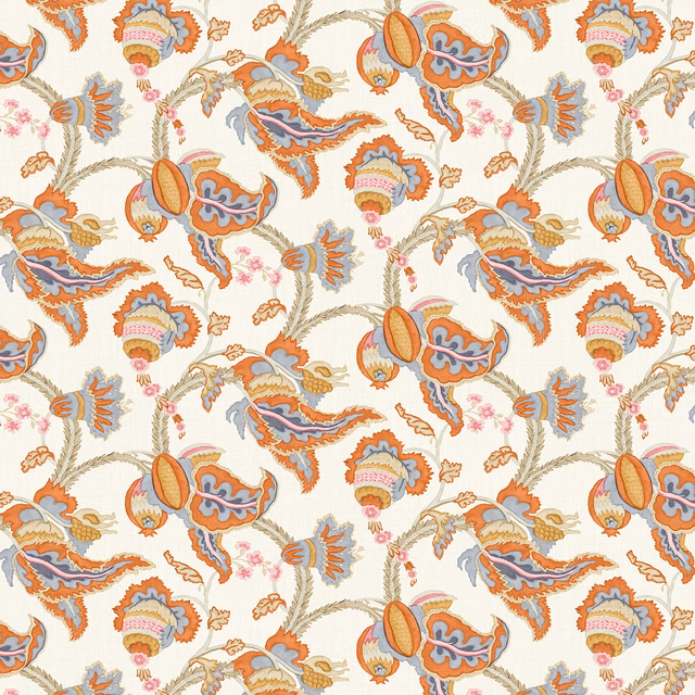 Terracotta and blue botanical paisley print on textured cream linen