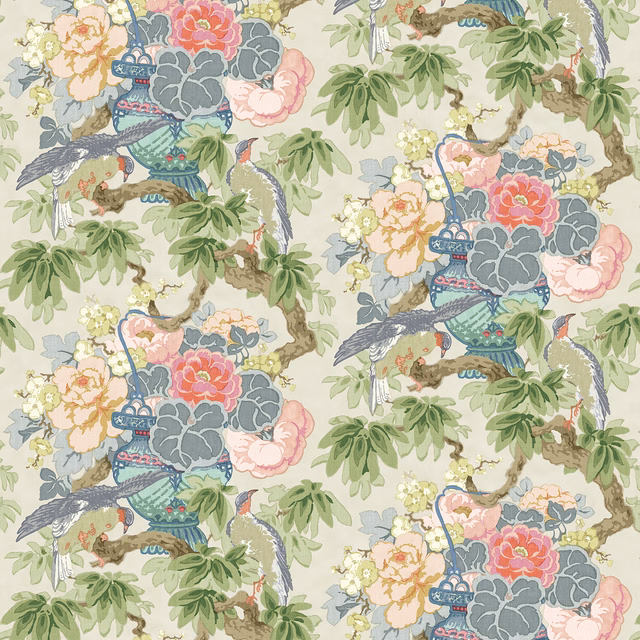 Pale cream floral fabric with coral blooms, sage leaves, blue-grey birds and basket motifs