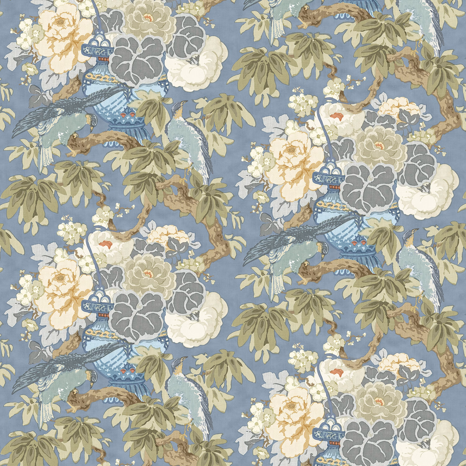 Muted cornflower-blue linen with ivory blooms, grey florals, sage leaves and chinoiserie vessels
