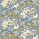 Muted cornflower-blue linen with ivory blooms, grey florals, sage leaves and chinoiserie vessels
