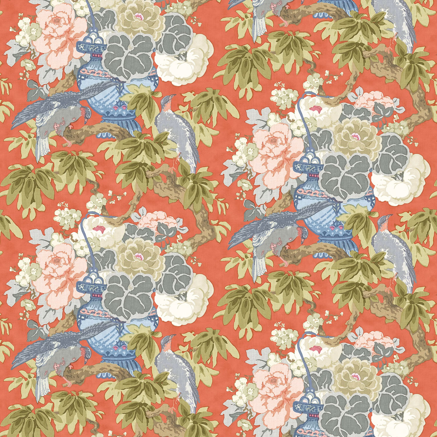 Terracotta linen print with cranes, urns, blossom and olive foliage