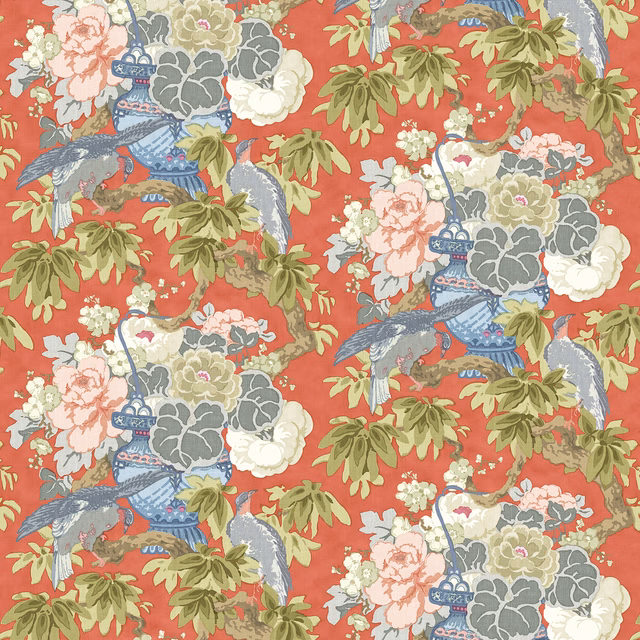 Terracotta linen print with cranes, urns, blossom and olive foliage