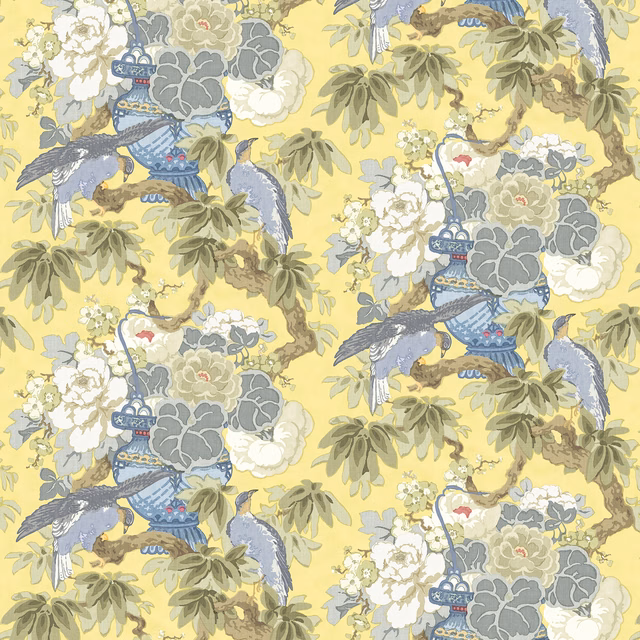 Butter-yellow linen print with blue-grey birds, flower baskets and olive branches