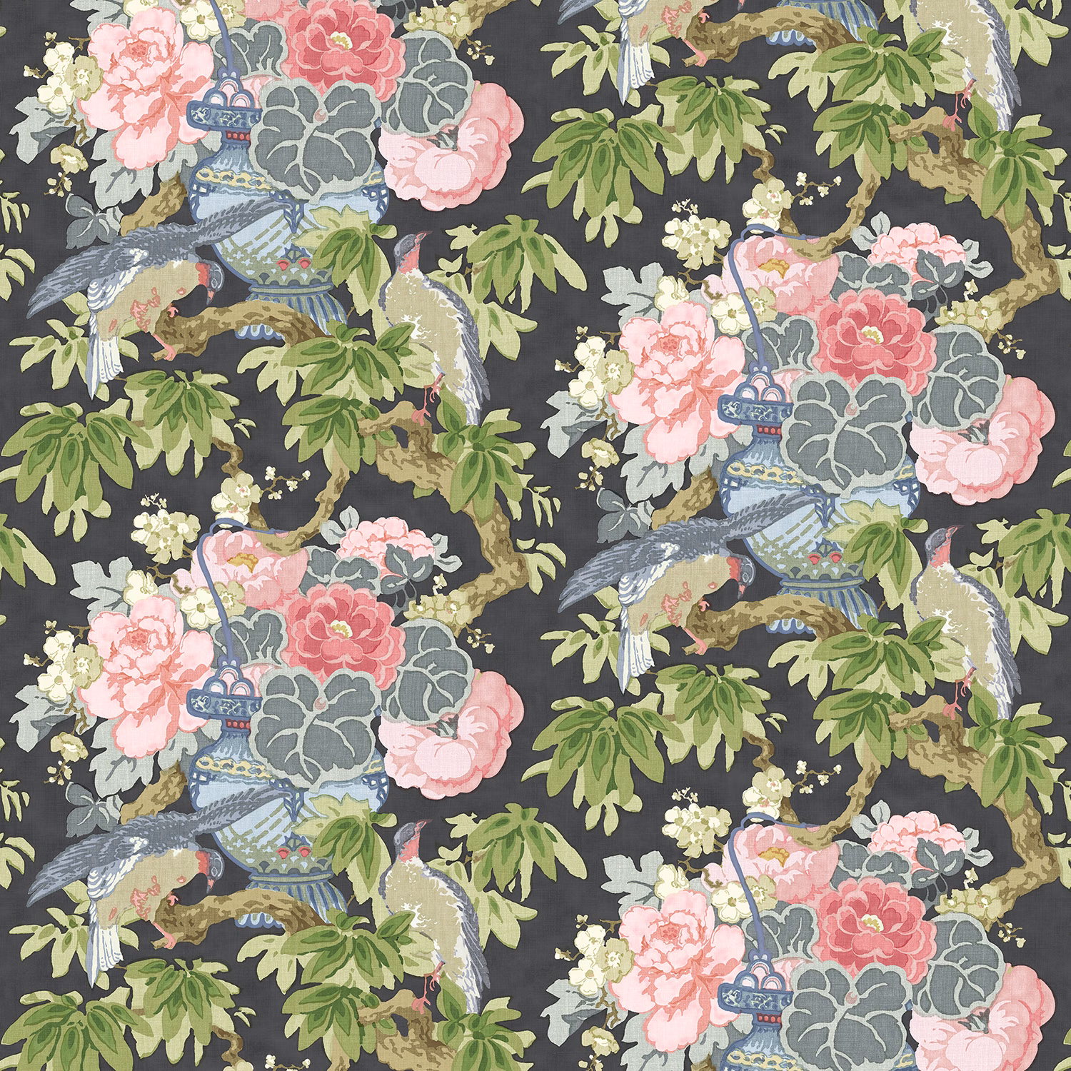 Charcoal-ground linen print with pink peonies, aqua baskets, green foliage and birds