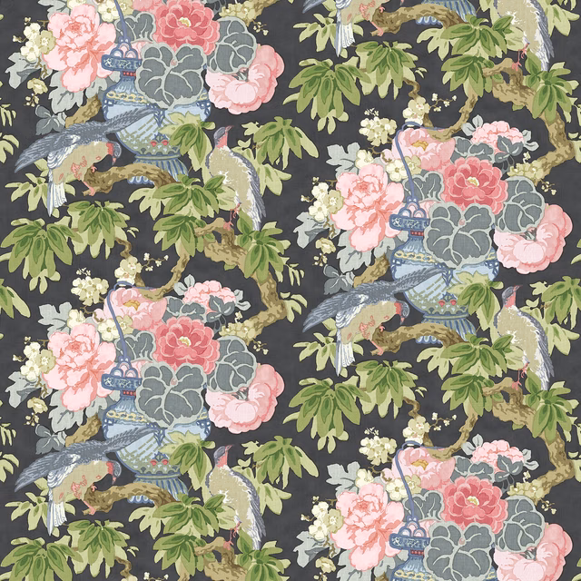 Charcoal-ground linen print with pink peonies, aqua baskets, green foliage and birds