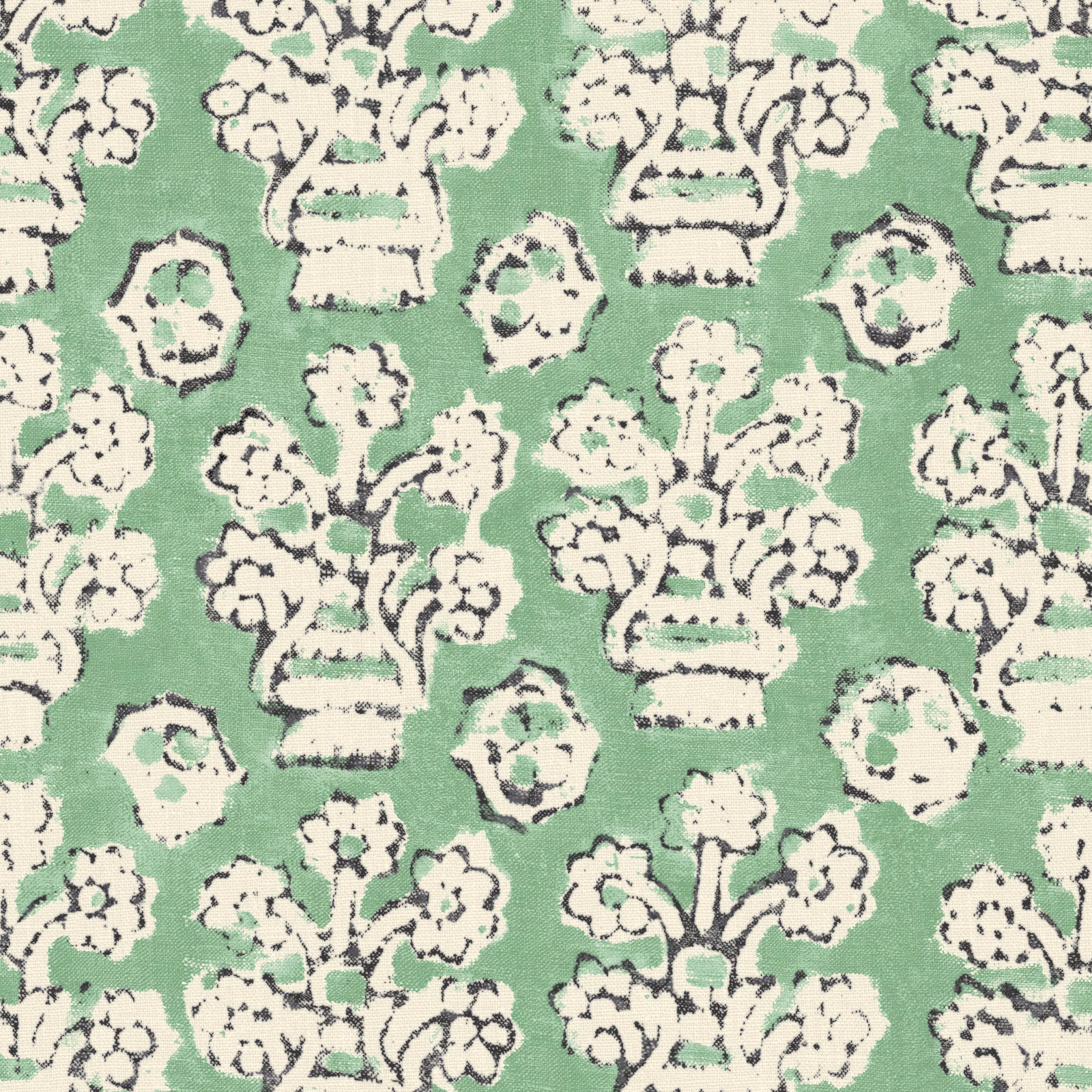 Muted jade fabric with cream floral baskets and charcoal sketch-style outlines