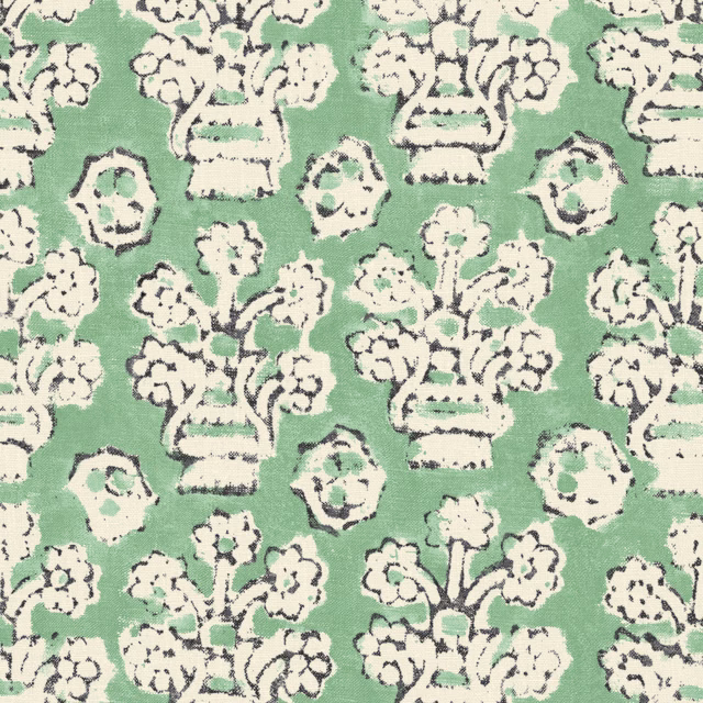 Muted jade fabric with cream floral baskets and charcoal sketch-style outlines