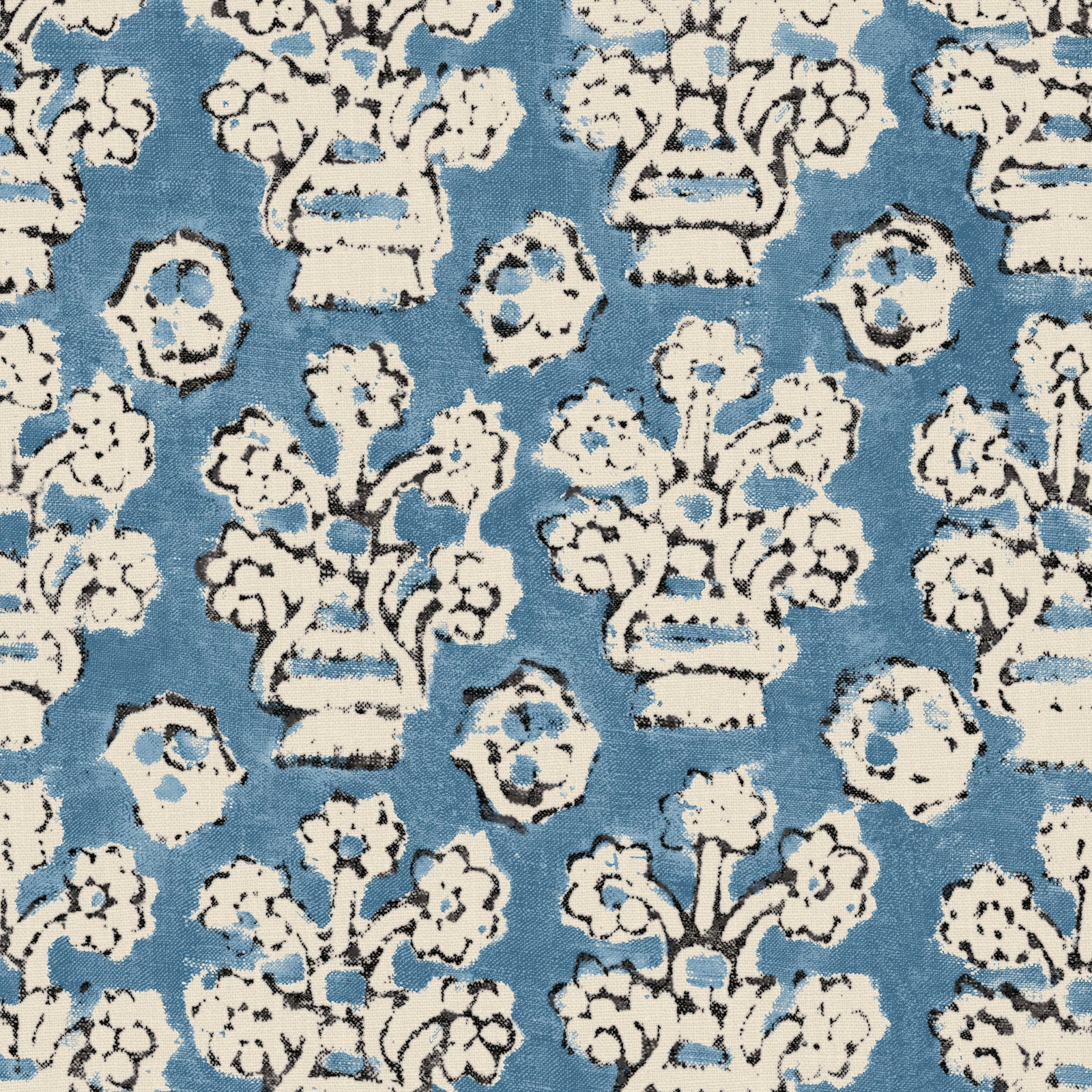 Lakeside blue fabric with ivory floral urns and distressed black outlines