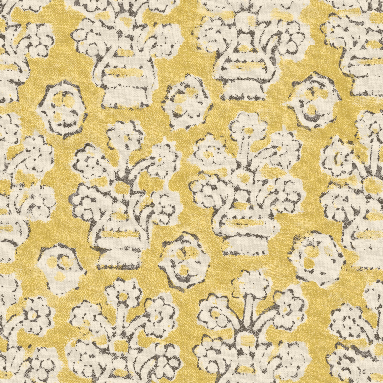 Lemon-yellow floral urns with white blooms and charcoal outlines on textured cloth