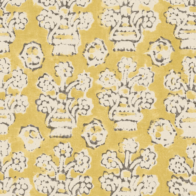 Lemon-yellow floral urns with white blooms and charcoal outlines on textured cloth