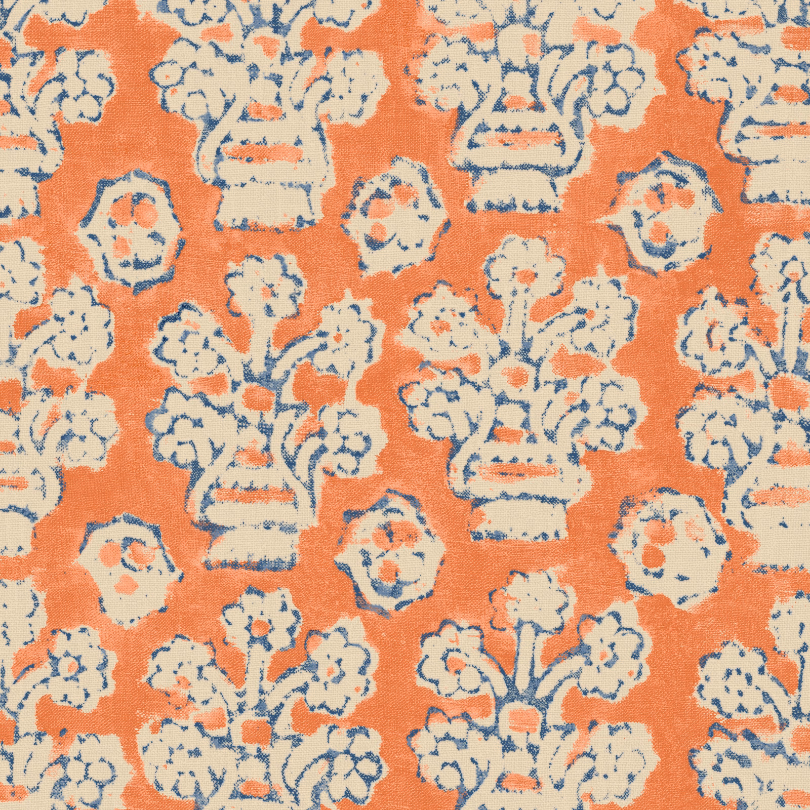 Paprika coral fabric with cream flower pots and fine navy floral outlines