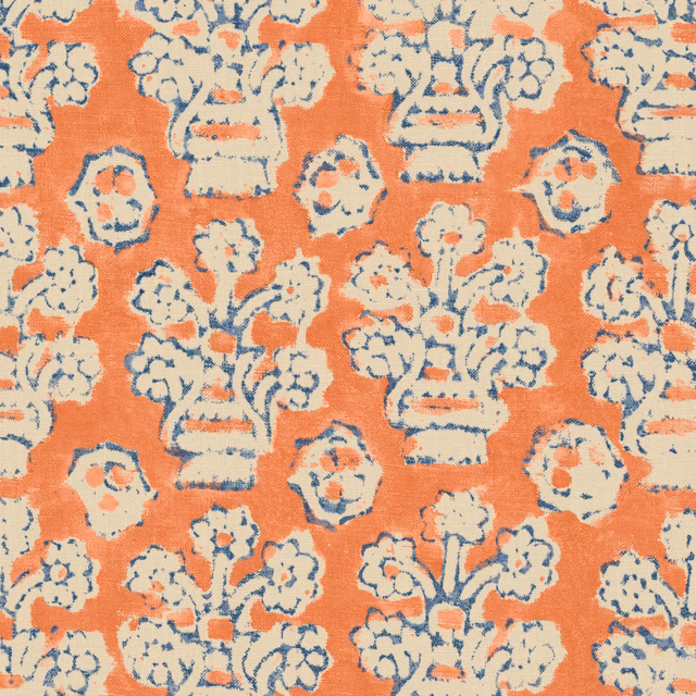 Paprika coral fabric with cream flower pots and fine navy floral outlines