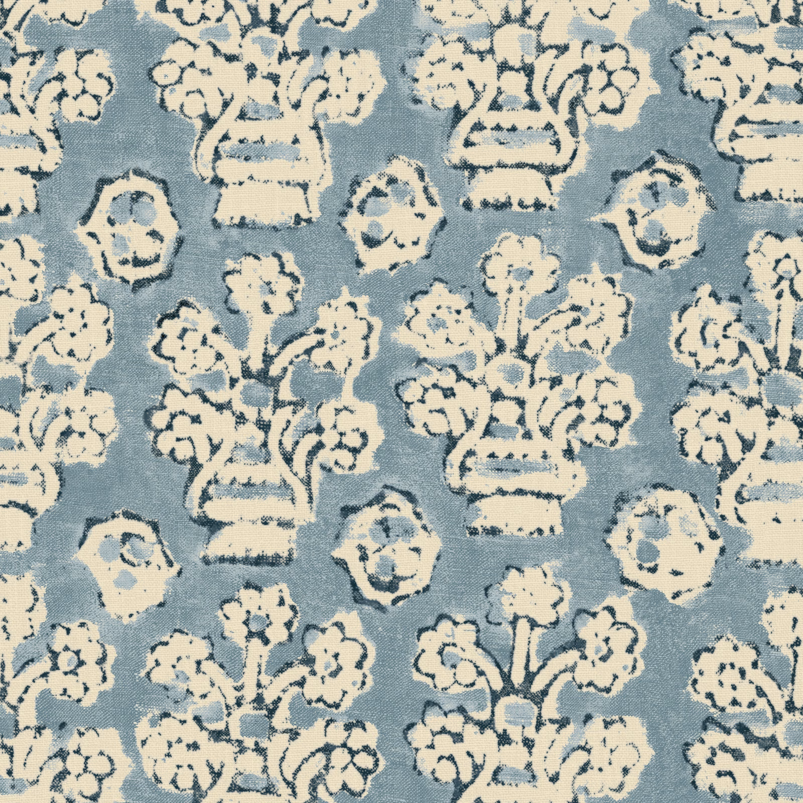 Muted blue-grey fabric with cream urns and painterly floral motifs in a woven texture