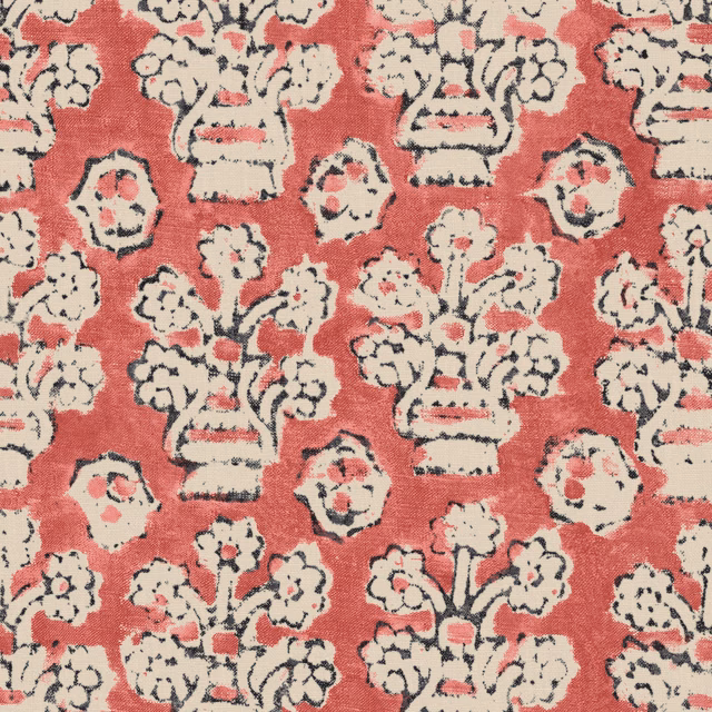 Coral raspberry ground with cream floral urns and dark sketch-like outlines