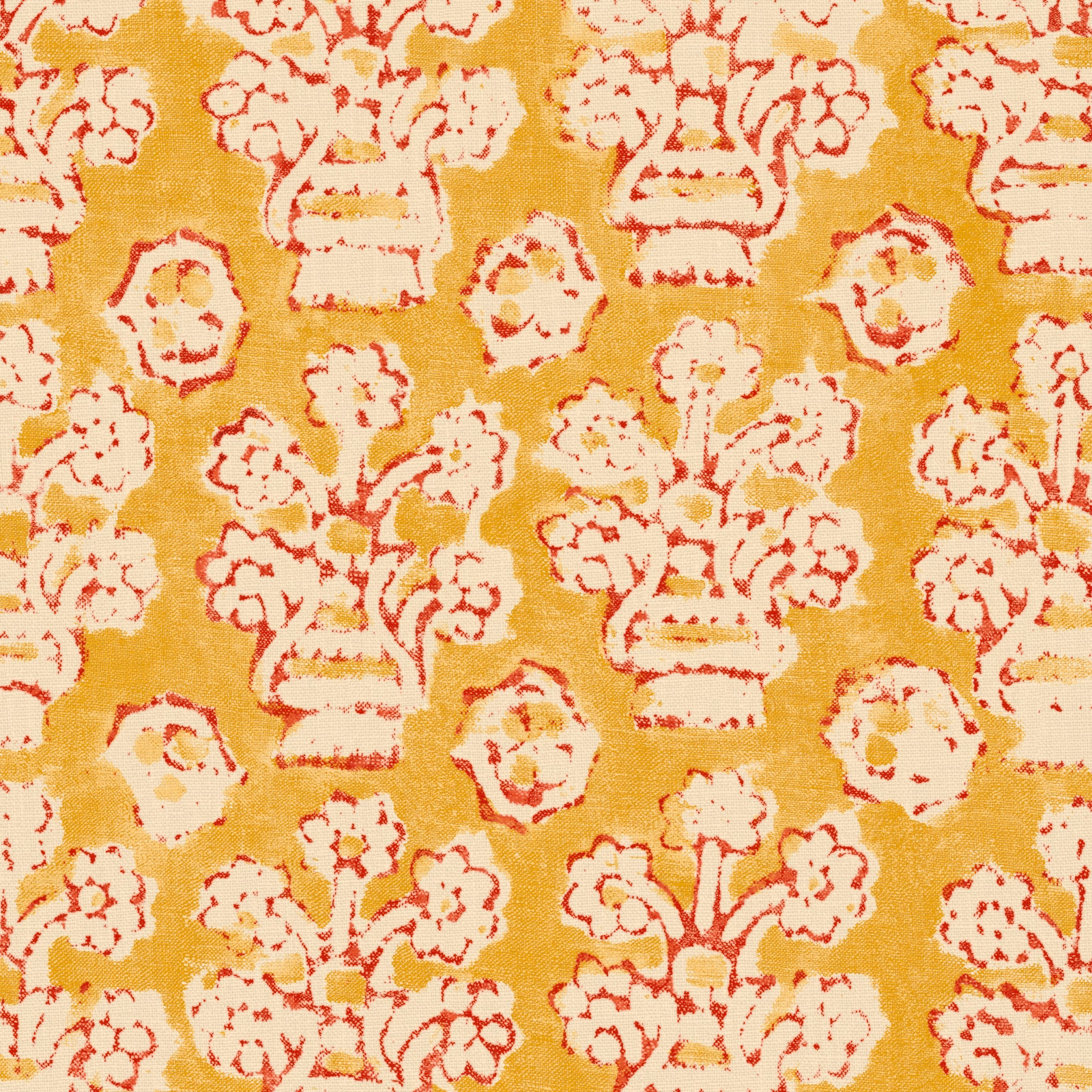 Mustard-gold Bibi fabric with ivory floral motifs and coral-red outlines