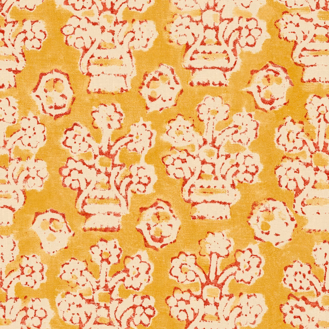 Mustard-gold Bibi fabric with ivory floral motifs and coral-red outlines