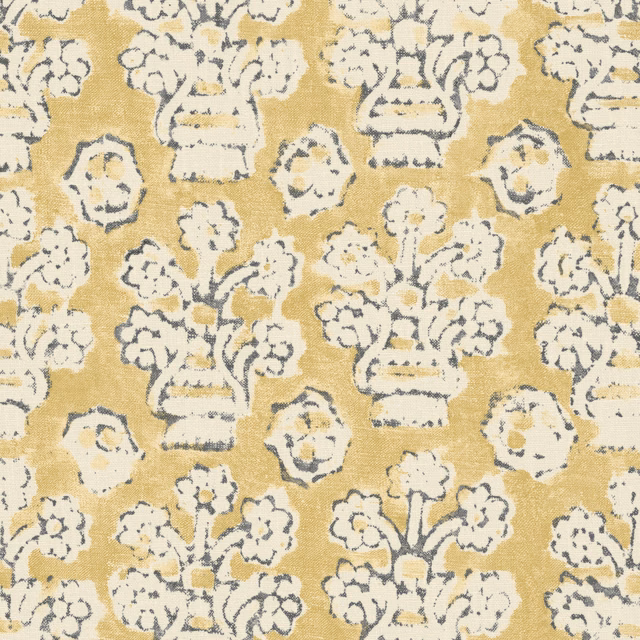 Sandy-gold floral urns with ivory blooms and charcoal outlines on textured cloth