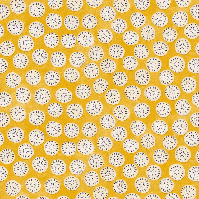 Citrus-yellow linen with cream round spots and tiny charcoal marks