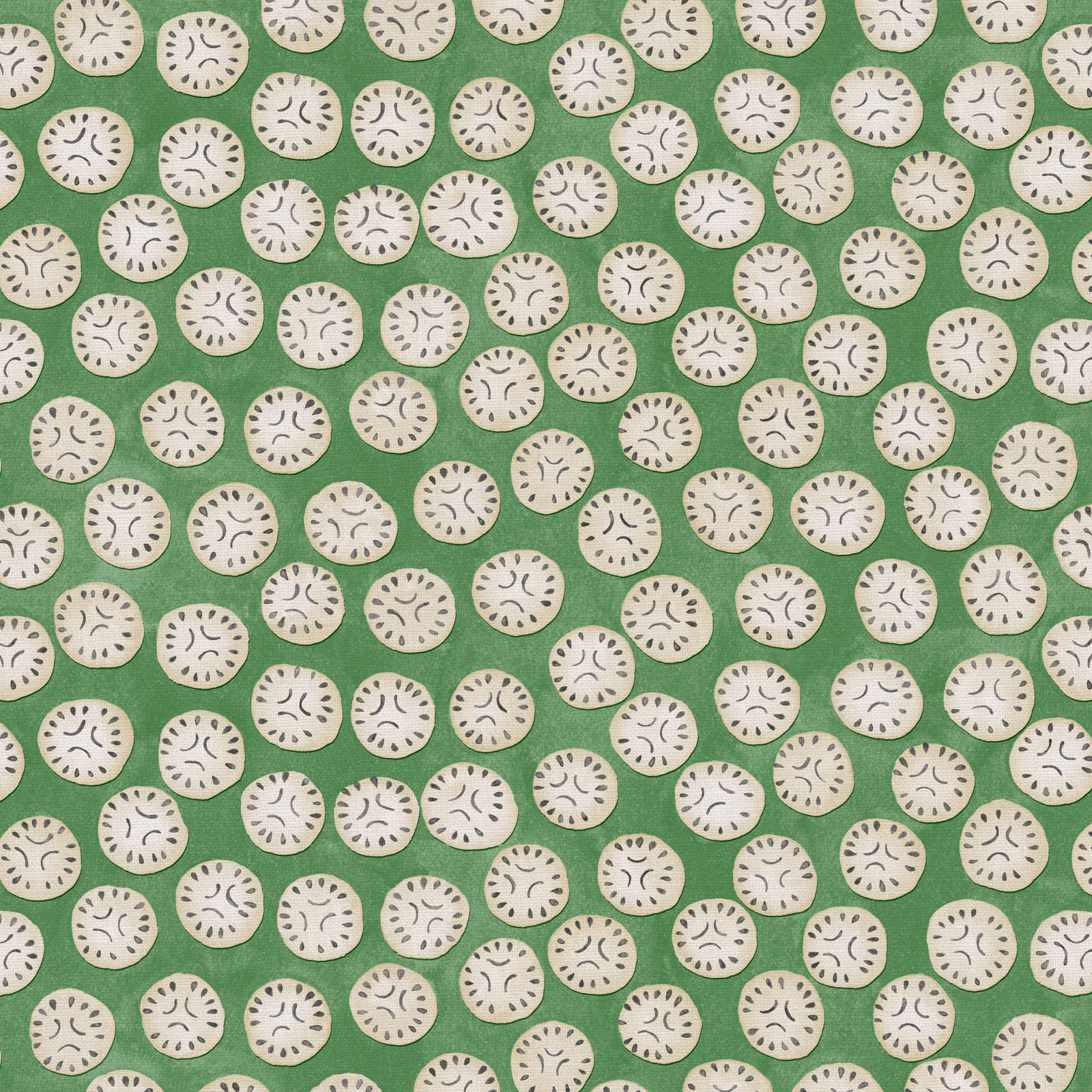 Clover-green linen with cream round spots and tiny charcoal curved marks