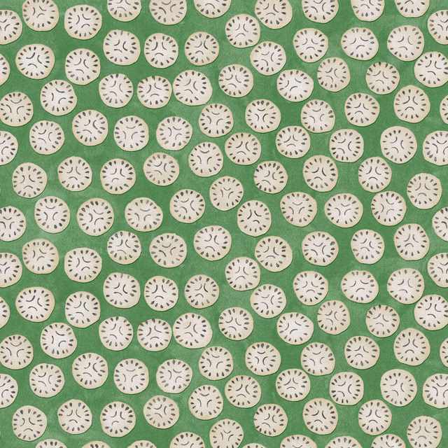 Clover-green linen with cream round spots and tiny charcoal curved marks