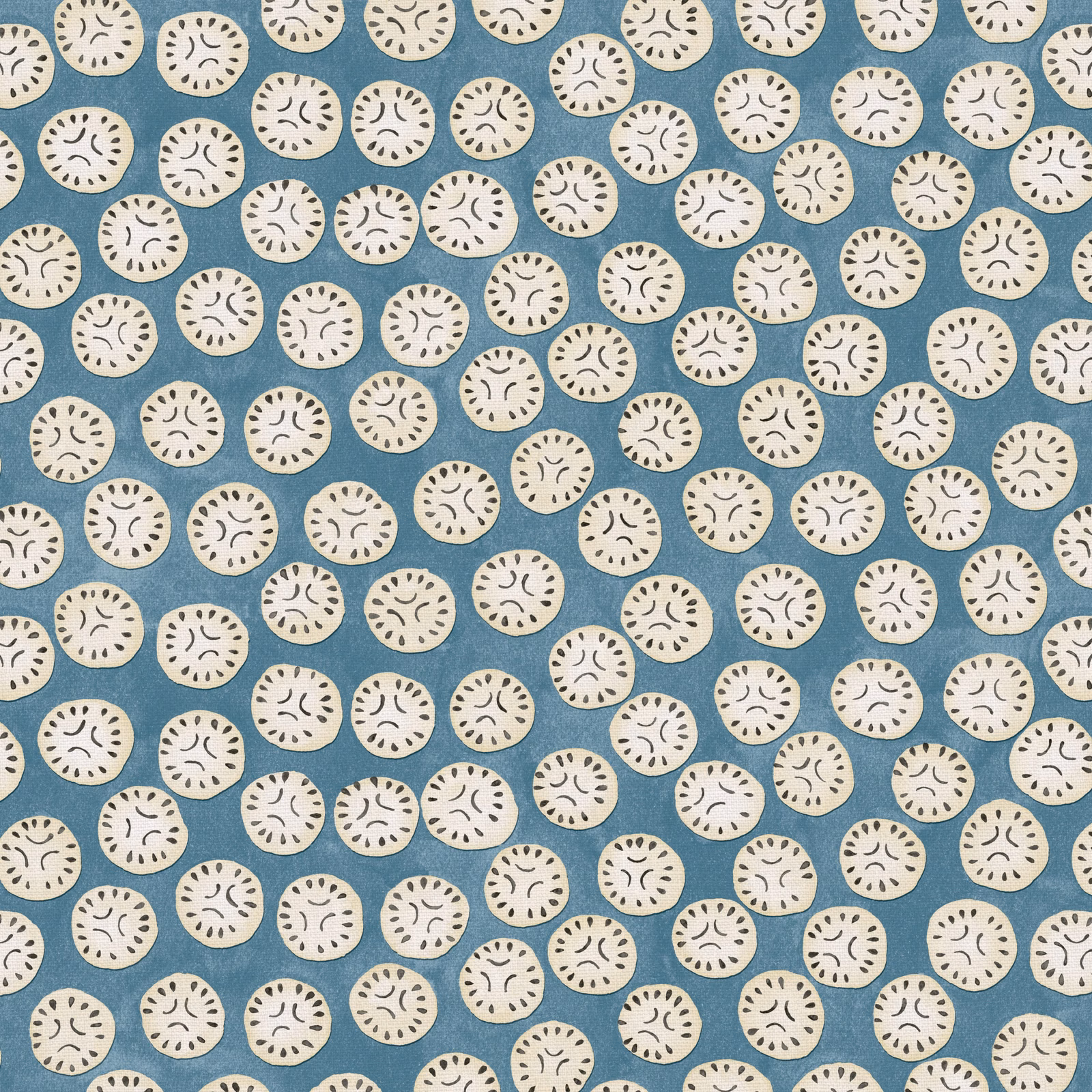Muted denim-blue linen with cream round spot motifs and dark hand-drawn marks