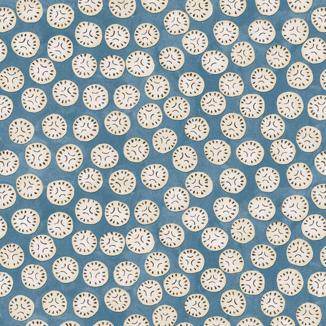 Muted denim-blue linen with cream round spot motifs and dark hand-drawn marks