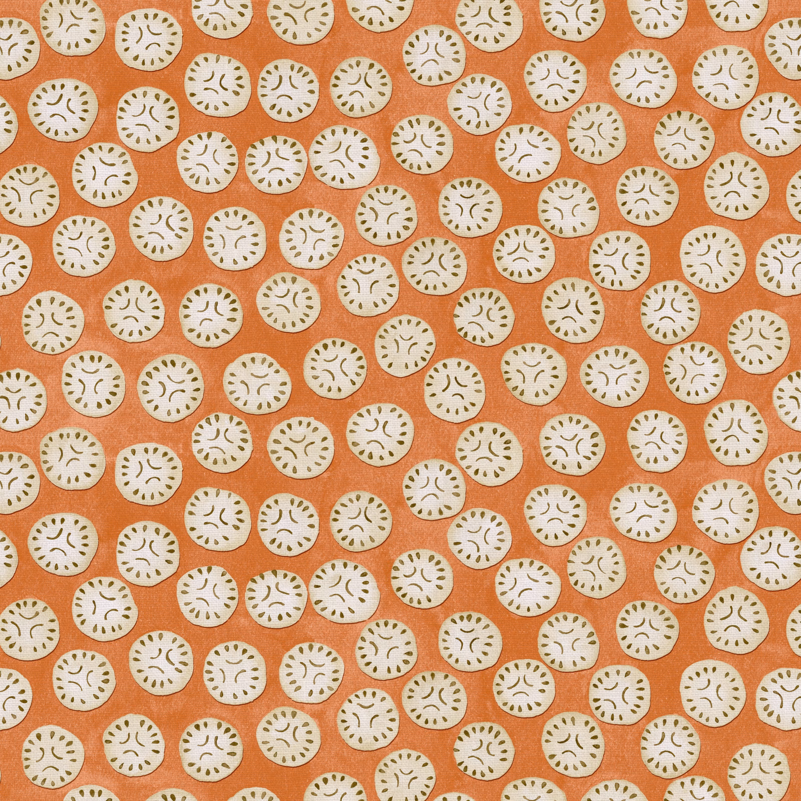 Warm terracotta linen with cream circular motifs and fine olive-brown marks