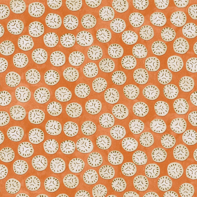 Warm terracotta linen with cream circular motifs and fine olive-brown marks