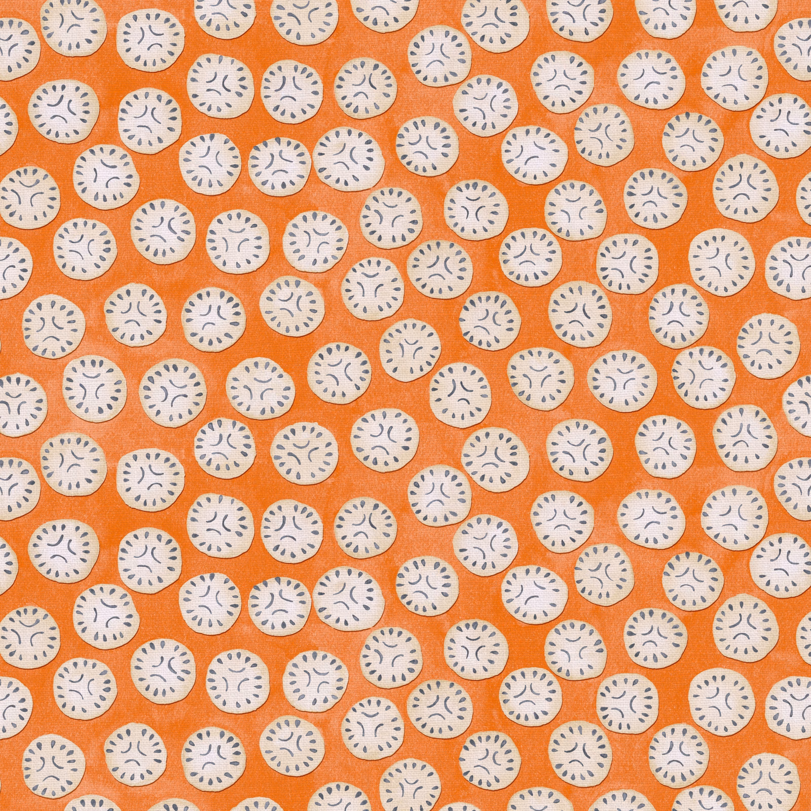 Marmalade-orange linen with small cream circles and blue-grey dash motifs