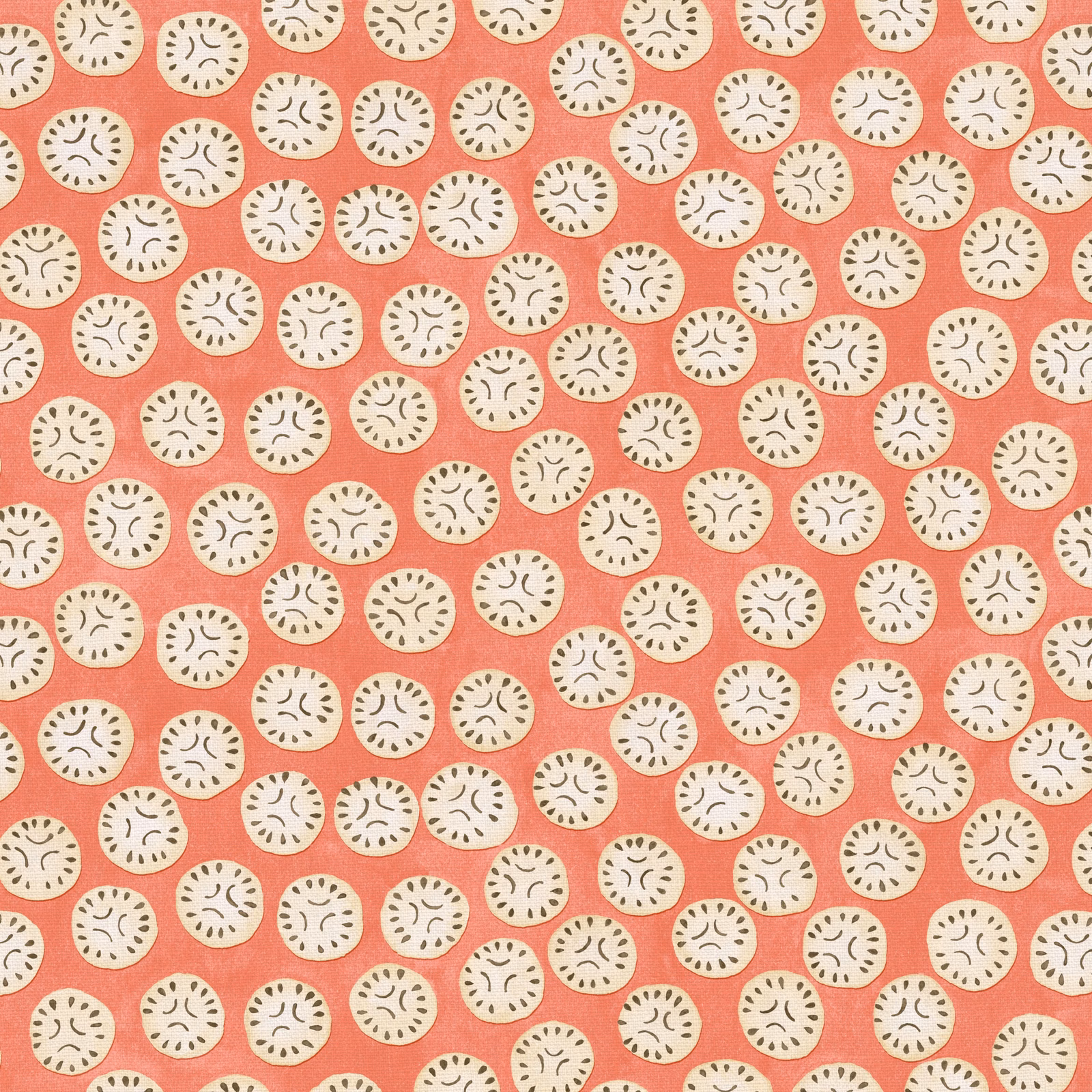 Warm watermelon-coral linen with scattered ivory discs and dark curved marks
