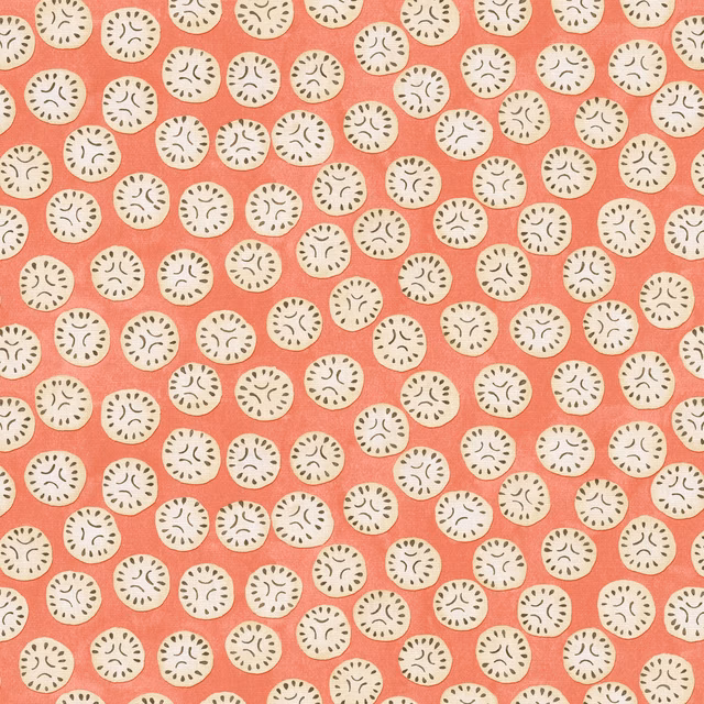 Warm watermelon-coral linen with scattered ivory discs and dark curved marks