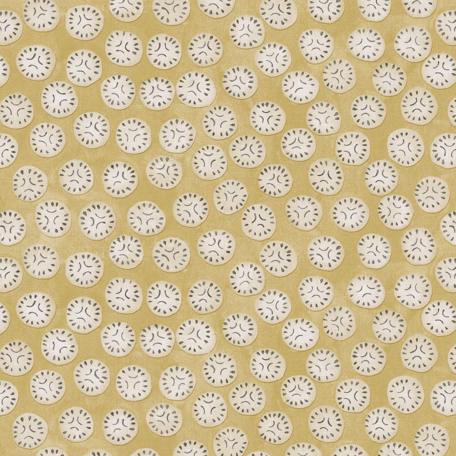Muted lichen-yellow linen with small ivory discs and grey curved marks