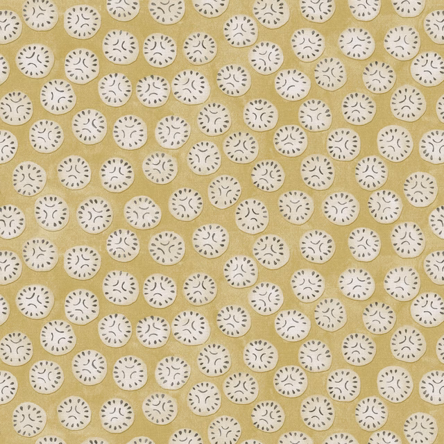 Muted lichen-yellow linen with small ivory discs and grey curved marks