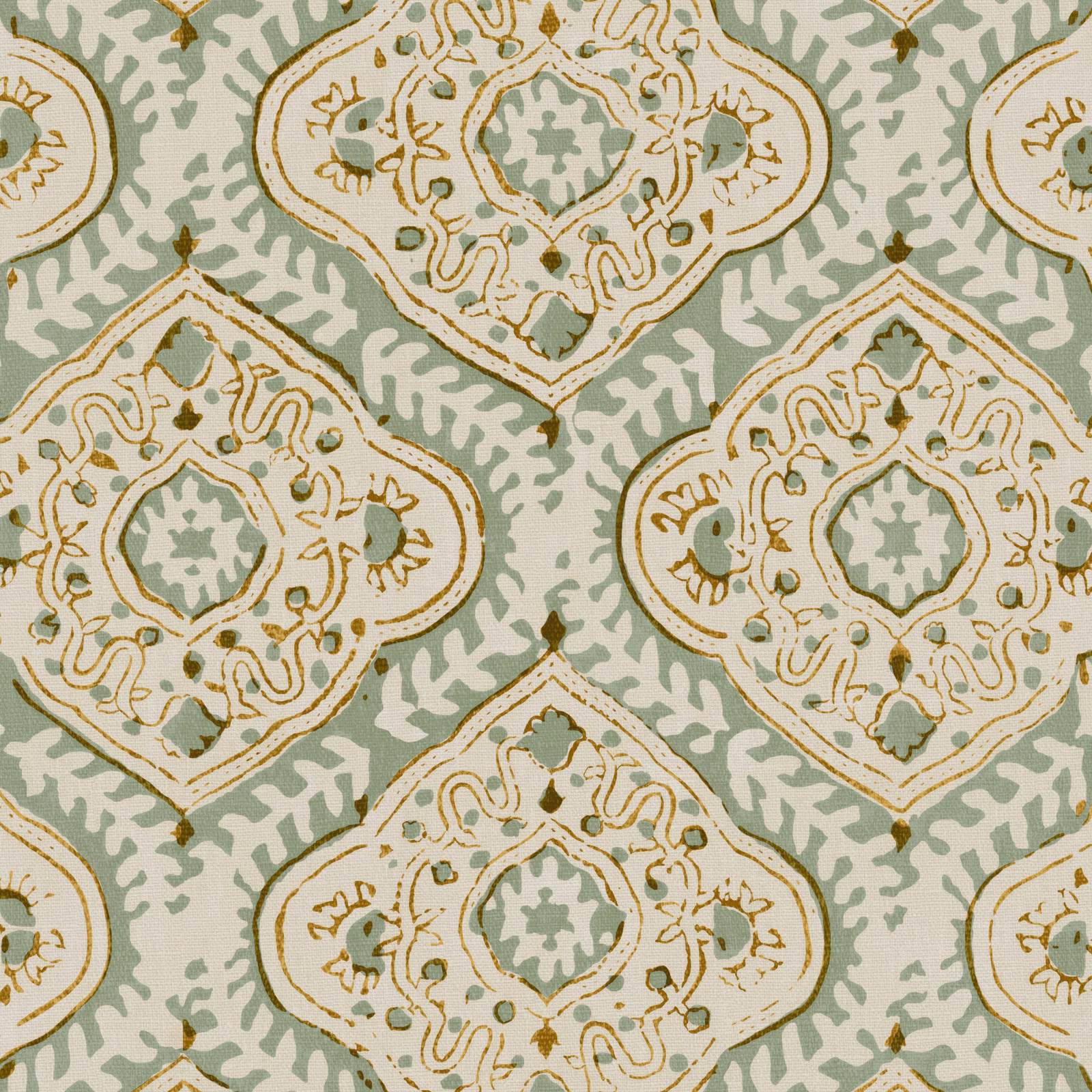 Aloe sage linen with ivory medallions, ochre tracery and aqua-green ground