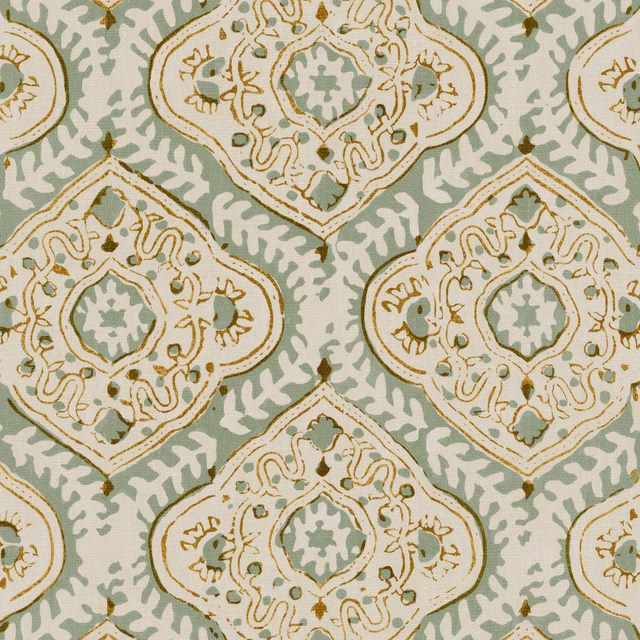 Aloe sage linen with ivory medallions, ochre tracery and aqua-green ground
