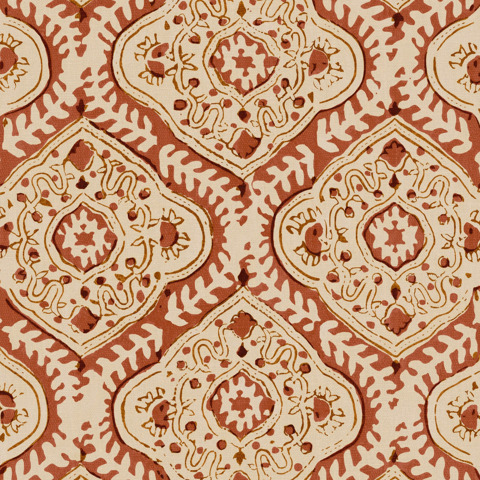 Chestnut red linen with cream ogee medallions, ochre borders and botanical details