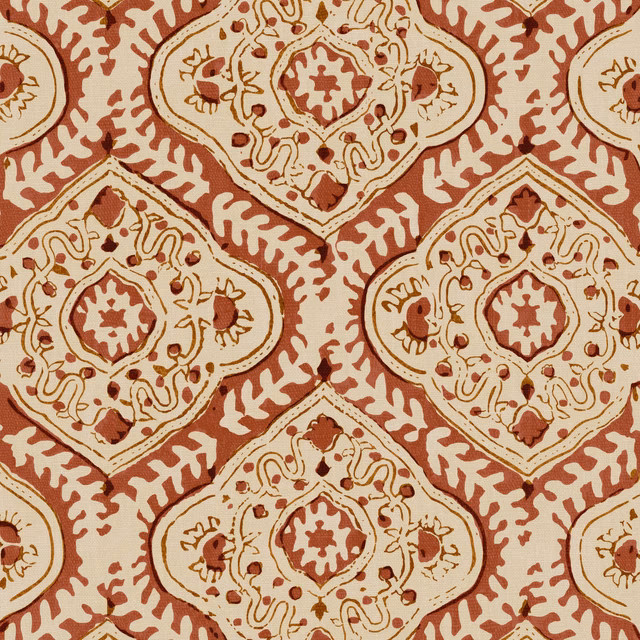 Chestnut red linen with cream ogee medallions, ochre borders and botanical details