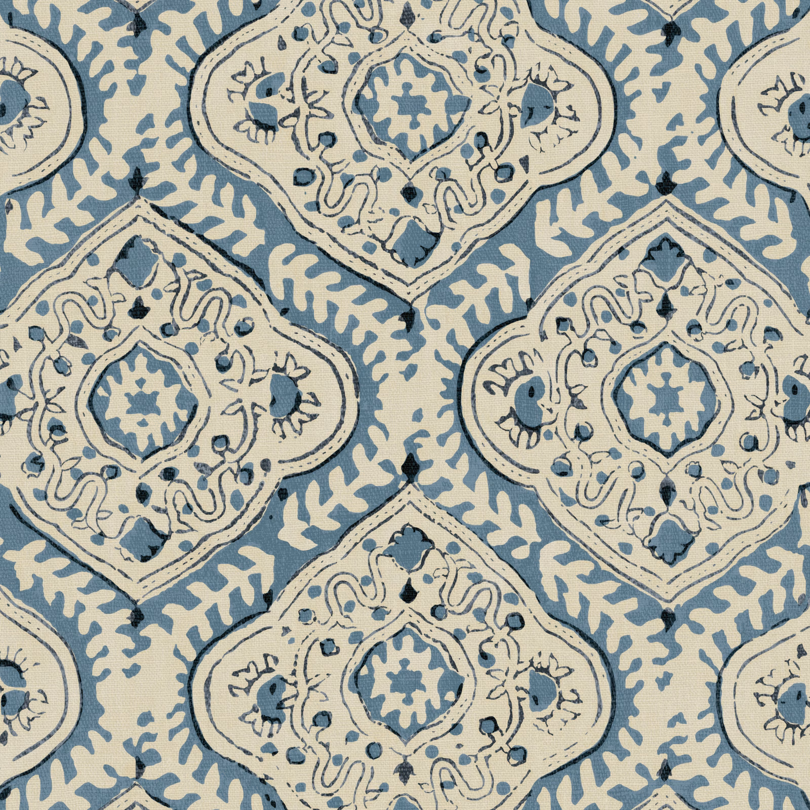 Dusty blue linen with ivory droplet medallions and dark navy outlines
