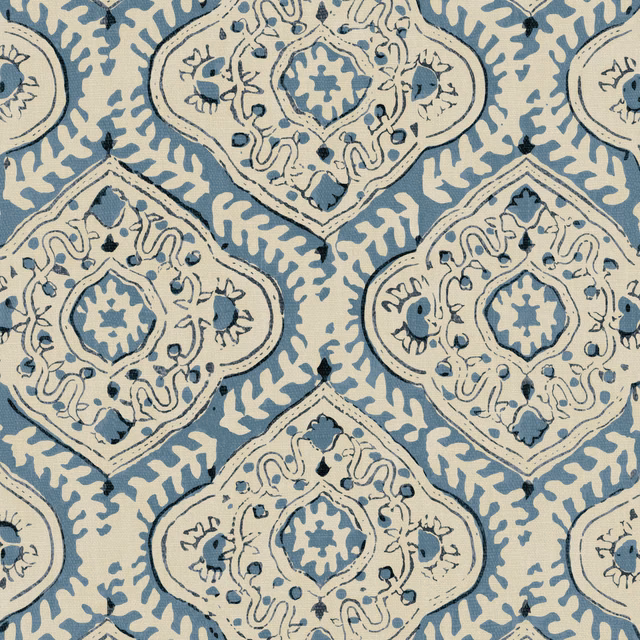 Dusty blue linen with ivory droplet medallions and dark navy outlines