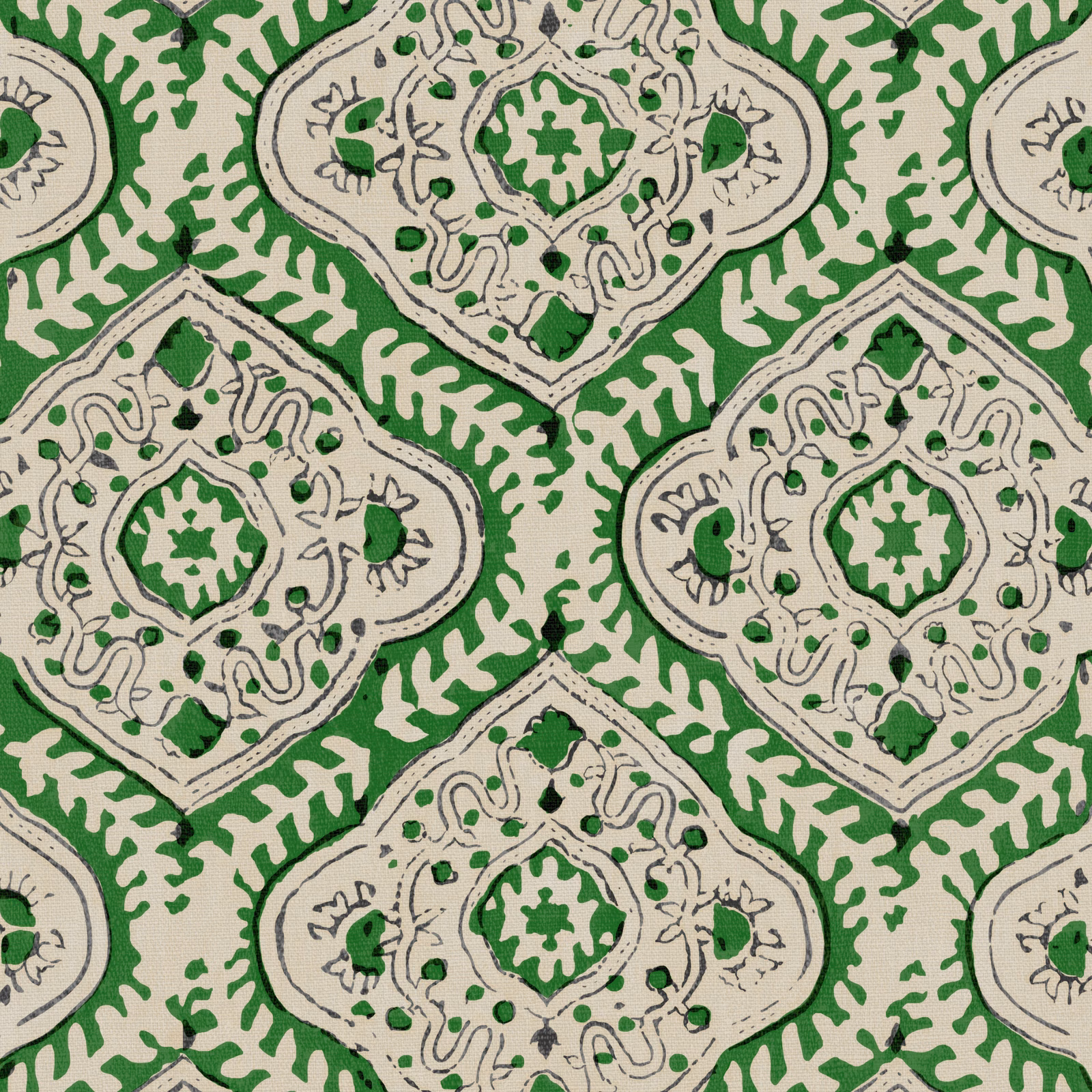 Emerald green linen with ivory medallions and fine charcoal botanical linework