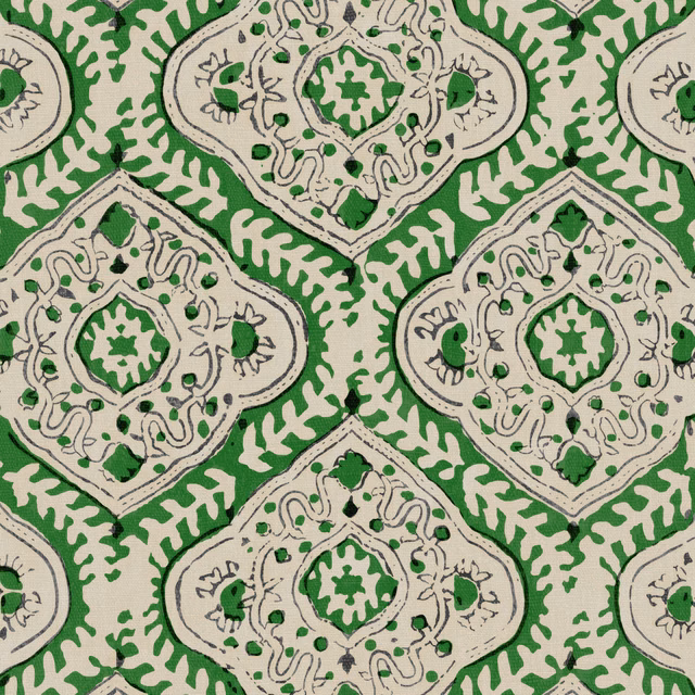Emerald green linen with ivory medallions and fine charcoal botanical linework
