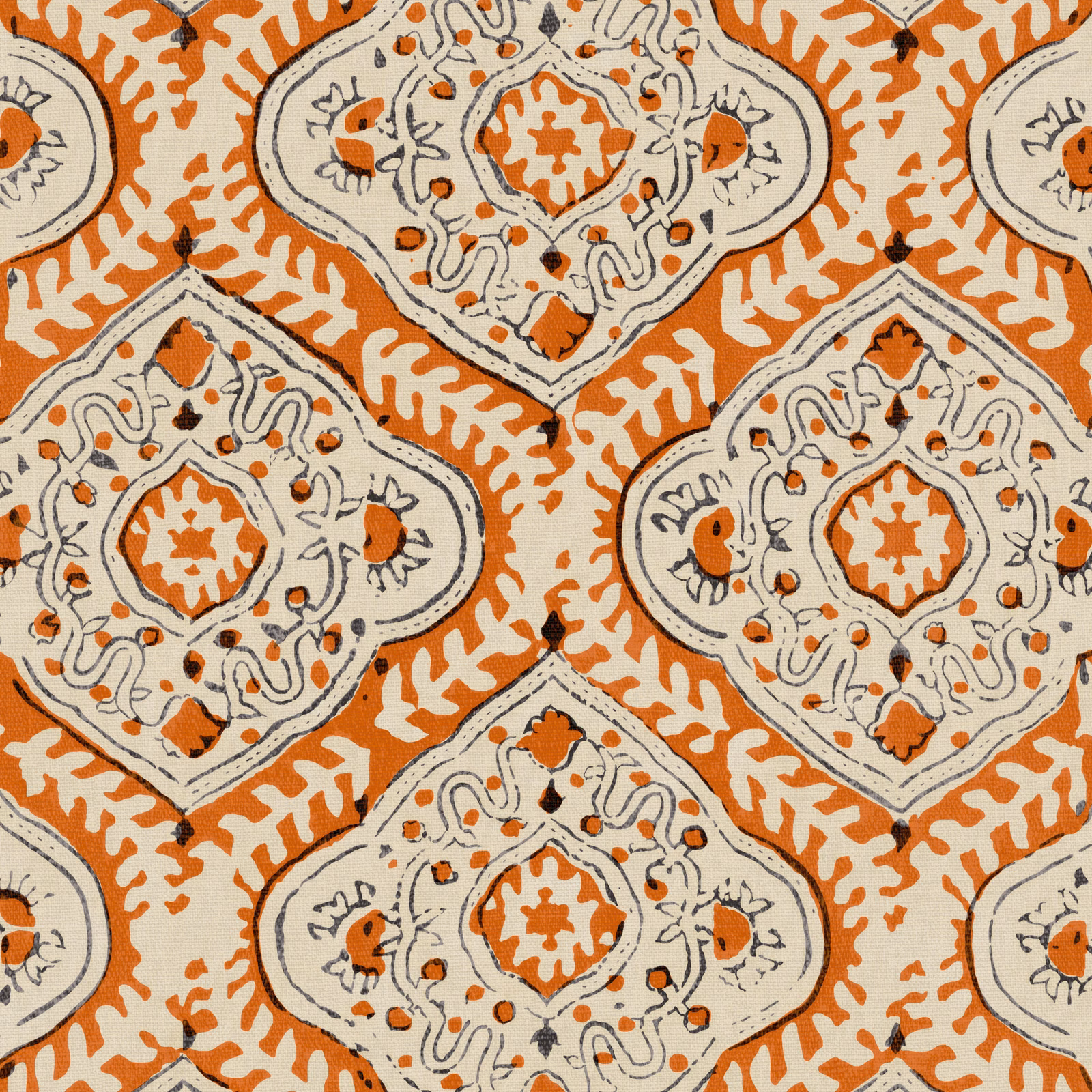 Terracotta orange linen with ivory geometric medallions and charcoal botanical linework