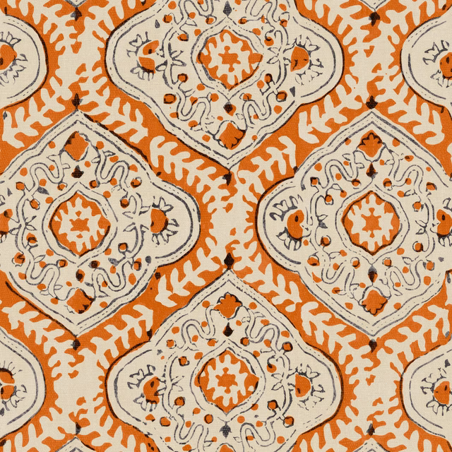 Terracotta orange linen with ivory geometric medallions and charcoal botanical linework