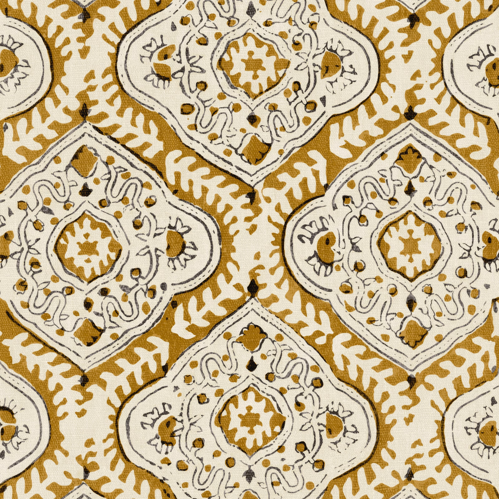 Honey-ochre linen with cream diamond medallions, fine black linework and botanical details