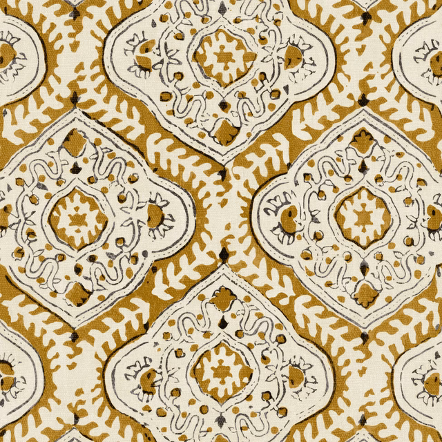 Honey-ochre linen with cream diamond medallions, fine black linework and botanical details